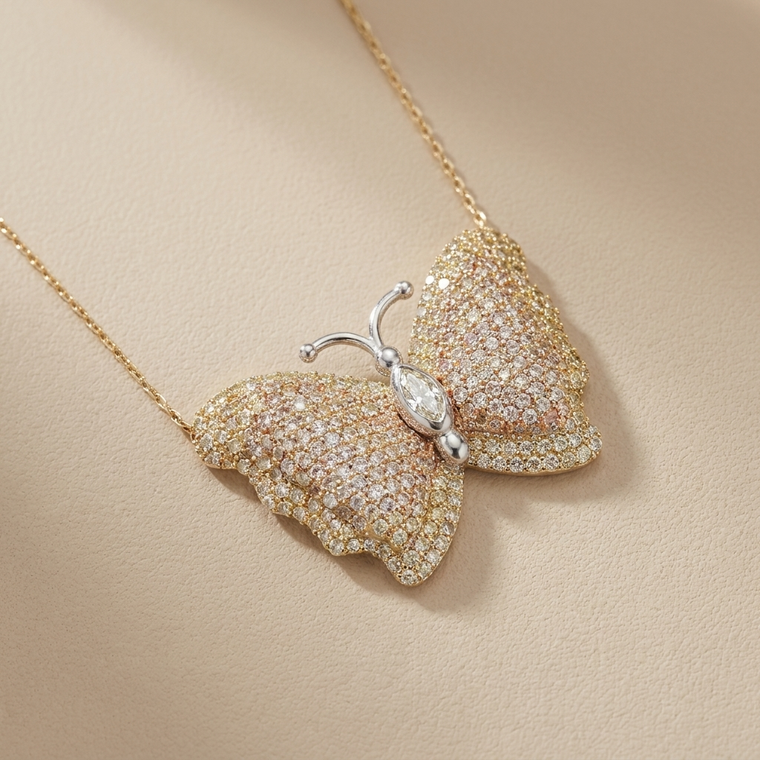 Butterfly cubic zirconia statement necklace 14kt yellow gold front view