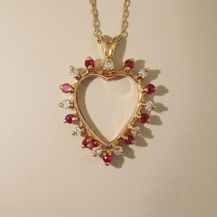 Diamond & Ruby Open Heart Pendant Necklace Yellow Gold 0.50tcw