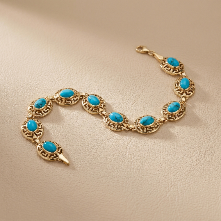 Substantial turquoise gold bracelet 10.10g 14kt yellow gold front view