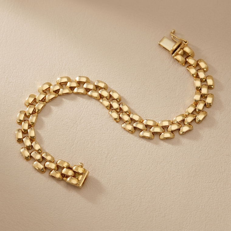 Three-row panther link gold bracelet 11.60g 14kt yellow gold front view