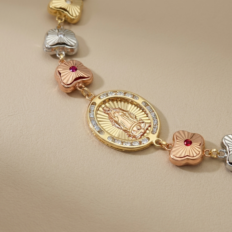 Virgin Mary gold bracelet with butterfly charms tri-color 14kt yellow gold front