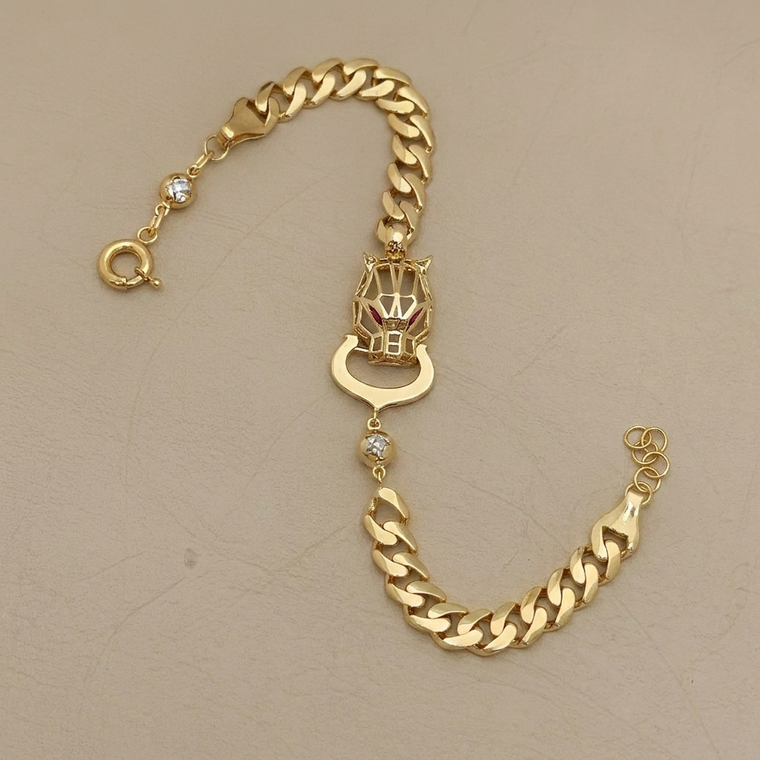 Panther Miami Cuban bracelet with lab ruby and cubic zirconia 14kt yellow gold front