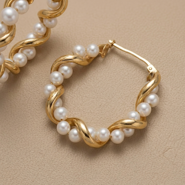 Gold Twisted Hoop Earrings with Pearls 4.35g