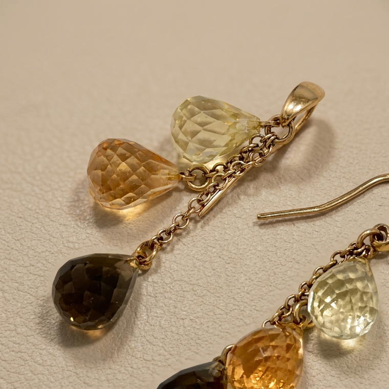 Multi-gemstone briolette drop earrings 14kt yellow gold front view