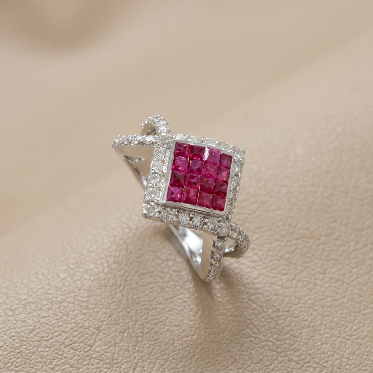 Princess cut ruby diamond cocktail ring invisible setting 0.94tcw 14kt white gold angle