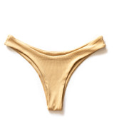 These gold 80ies inspired, high leg cut bikini bottoms come with a rib textured lycra These gold 80ies inspired, high leg cut bikini bottoms come with a rib textured lycra