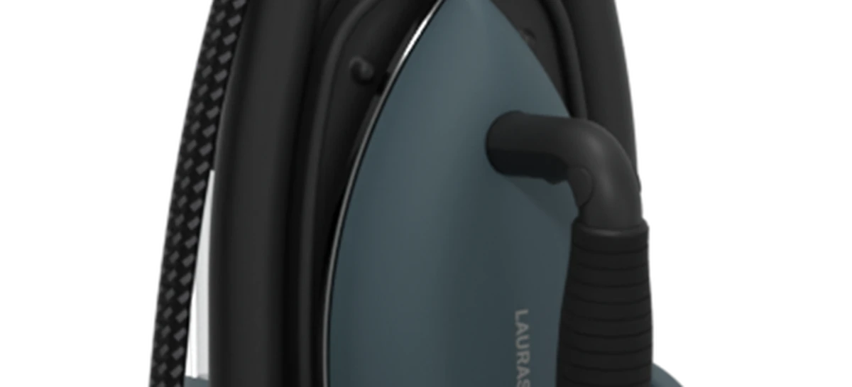 Laurastar Midnight Blue iron docked on the unit with its steam cord