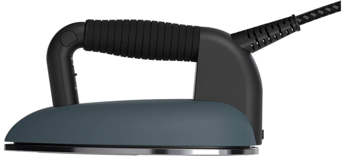 Side view of the Laurastar Midnight Blue iron with its steam cord