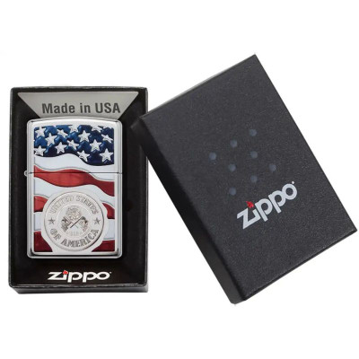 Zippo American Stamp on Flag High Polish Chrome Lighter
