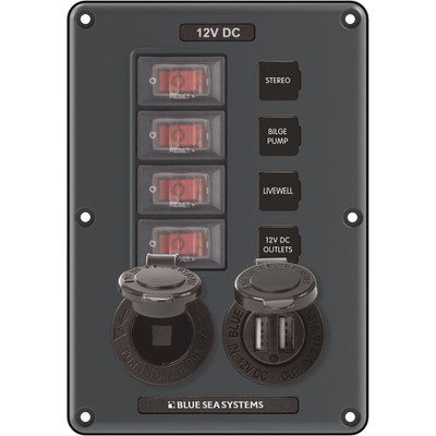 Blue Sea 4321 4 Position Panel with USB and Socket