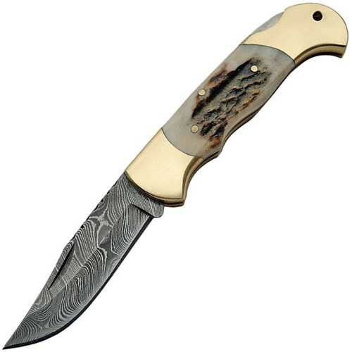 Damascus Lockback Stag Bone Handle Folding Knife