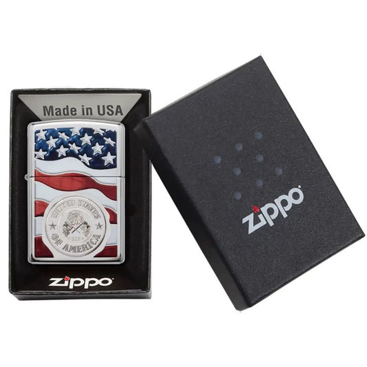 Zippo American Stamp on Flag High Polish Chrome Lighter
