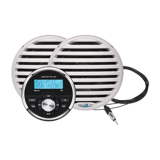 Aquatic AV GP1 Gauge Stereo and white 6.5" Economy Speakers pair a 288-watt dash-mount stereo with Bluetooth and waterproof 80W full-range speakers.