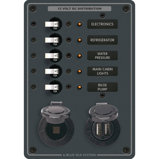 Blue Sea 8120 5 Position Panel with USB and Socket