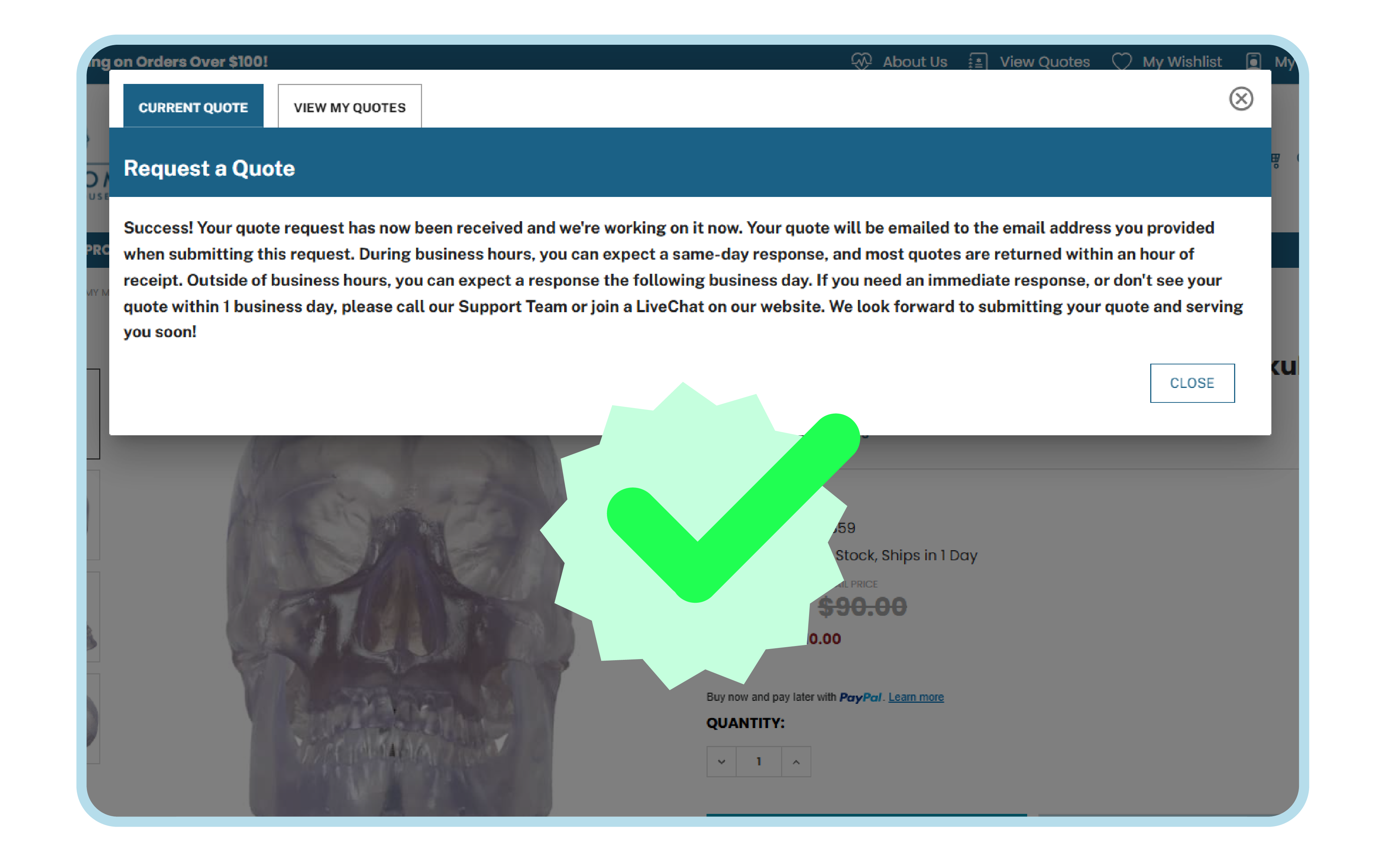 product page snapshot with a translucent skull and a "Request a Quote" confirmation message with a large green checkmark.