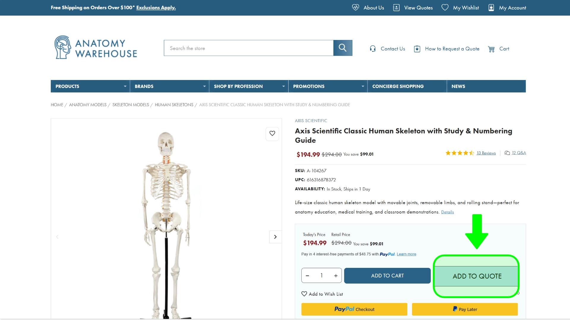 product page snapshot for an "Axis Scientific 3-Part Miniature Human Skull Anatomy Model" on a website.