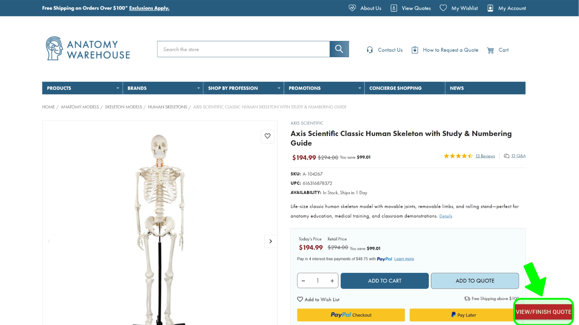 A page for an anatomy model shows a miniature human skull available for purchase.