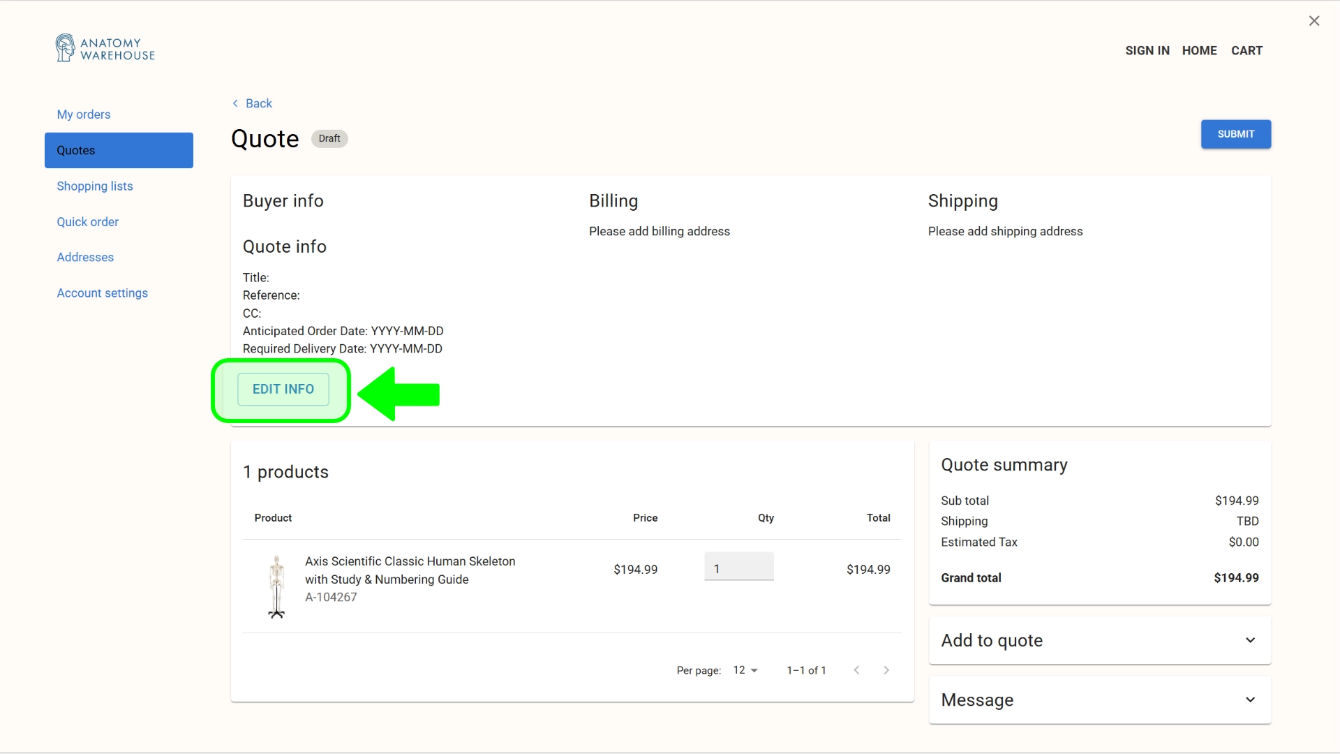 "Request a Quote" form