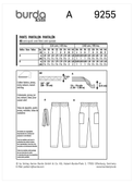 Burda Style BUR9255 | Children's Pull-On Pants | Back of Envelope
