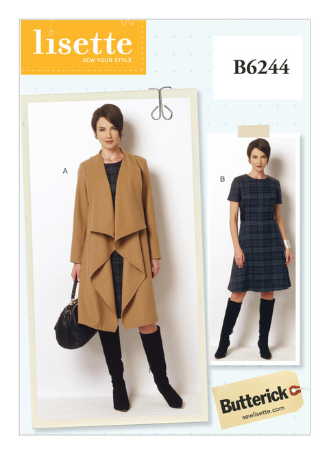 Butterick B6244 | Misses'/Women's Draped Collar Coat and Dress | Front of Envelope