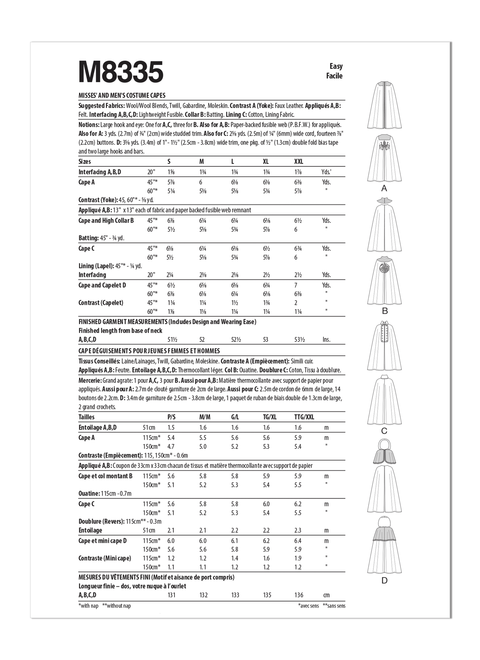 McCall's M8335 | Men's and Misses' Costume Capes | Back of Envelope