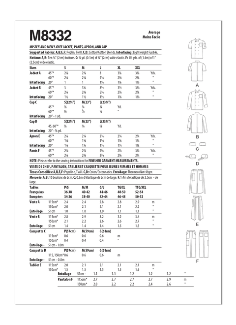 McCall's M8332 | Misses' and Men's Chef Jacket, Pants, Apron and Cap | Back of Envelope