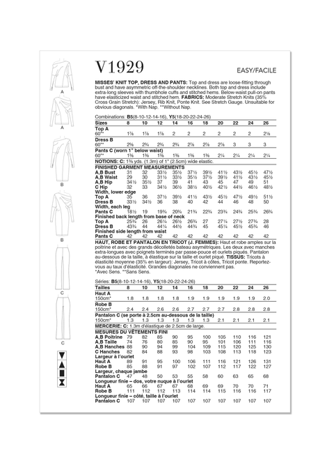 Vogue Patterns V1929 | Misses' Knit Top, Dress and Pants | Back of Envelope
