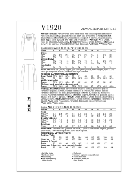 Vogue Patterns V1920 | Misses' Dress by Claire Shaeffer | Back of Envelope