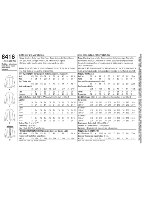 Simplicity S8416 | Misses' Shirt with Back Variations | Back of Envelope