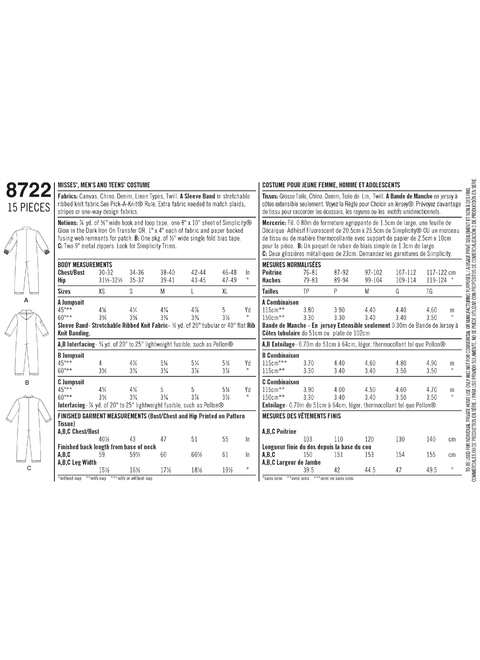 Simplicity S8722 | Misses', Men's, and Teens' Costumes | Back of Envelope