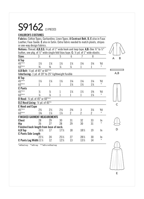 Simplicity S9162 | Children's Costumes | Back of Envelope