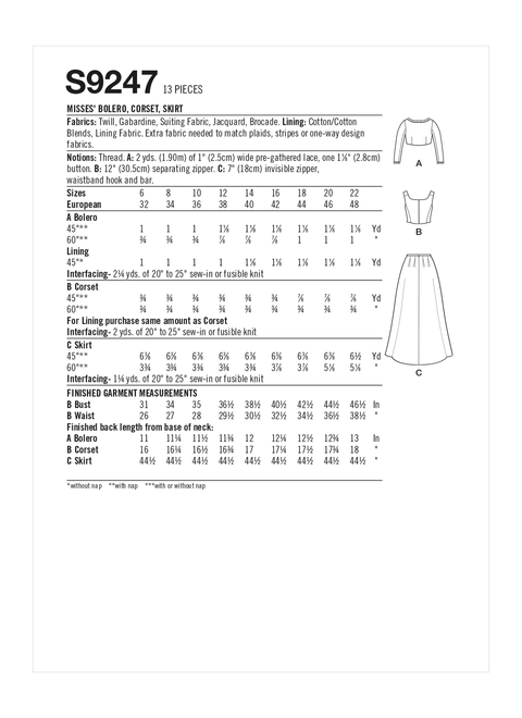 Simplicity S9247 | Misses' Bolero, Corset, Skirt | Back of Envelope