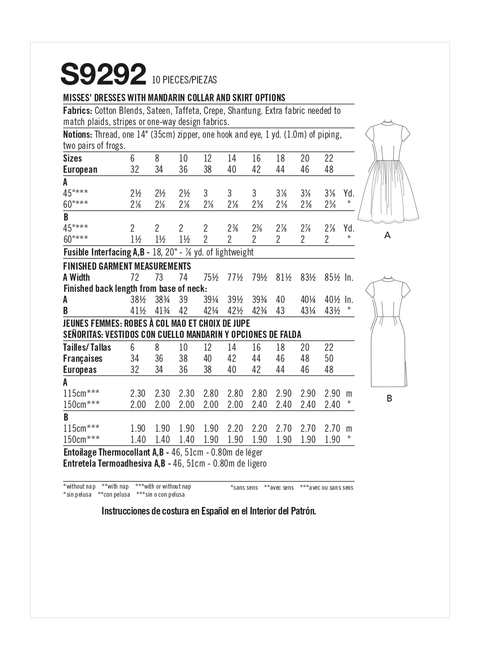 Simplicity S9292 | Misses' Dresses with Mandarin Collar & Skirt Options | Back of Envelope