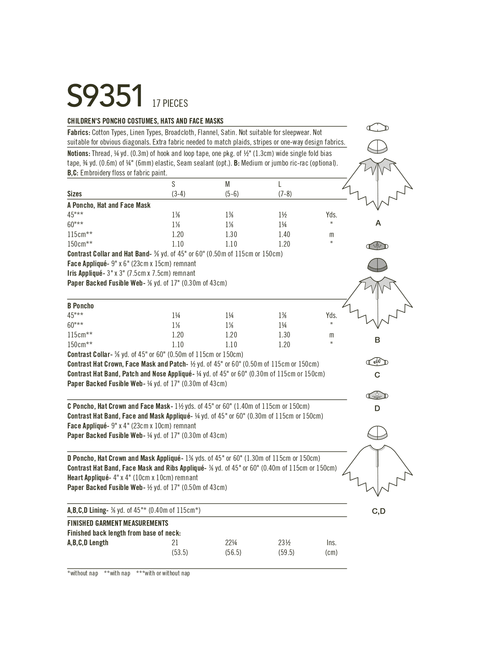 Simplicity S9351 | Children's Poncho Costumes, Hats and Face Masks | Back of Envelope
