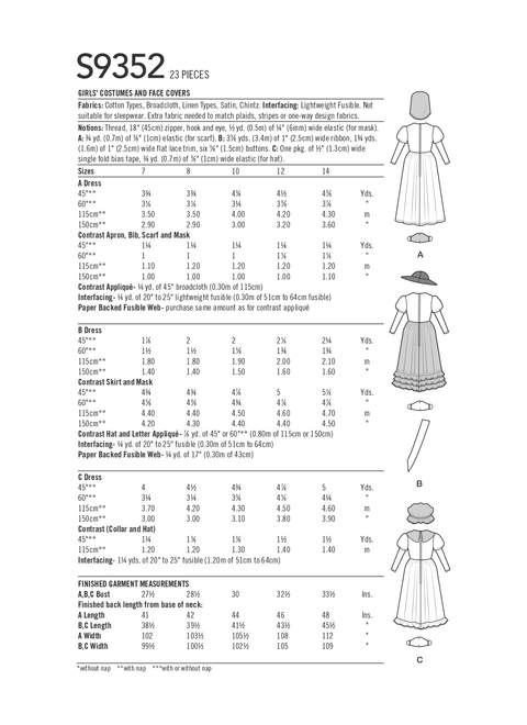 Simplicity S9352 | Girls' Costumes and Face Covers | Back of Envelope