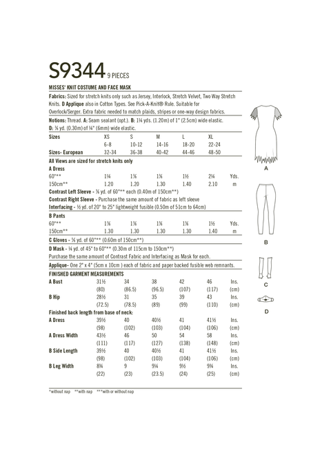 Simplicity S9344 | Misses' Knit Costume and Face Mask | Back of Envelope