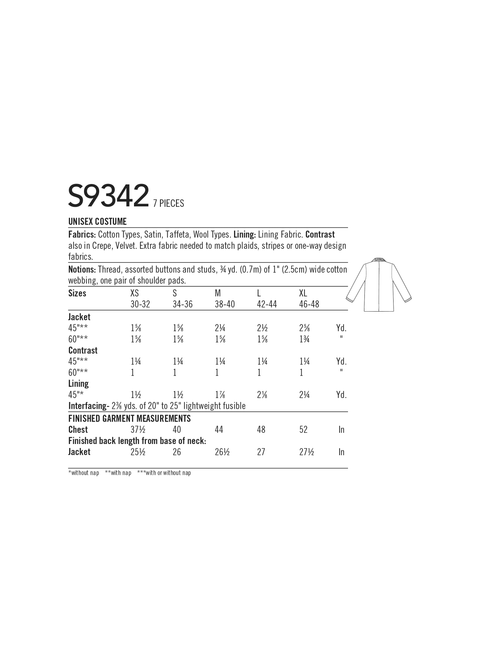 Simplicity S9342 | Unisex Costume | Back of Envelope