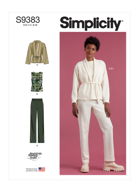Simplicity S9383 | Misses' Jacket, Knit Top and Pants | Front of Envelope