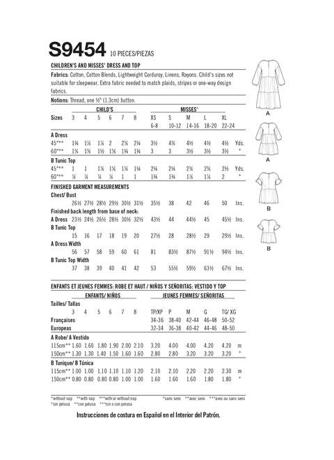 Simplicity S9454 | Children's & Misses' Dress and Top | Back of Envelope