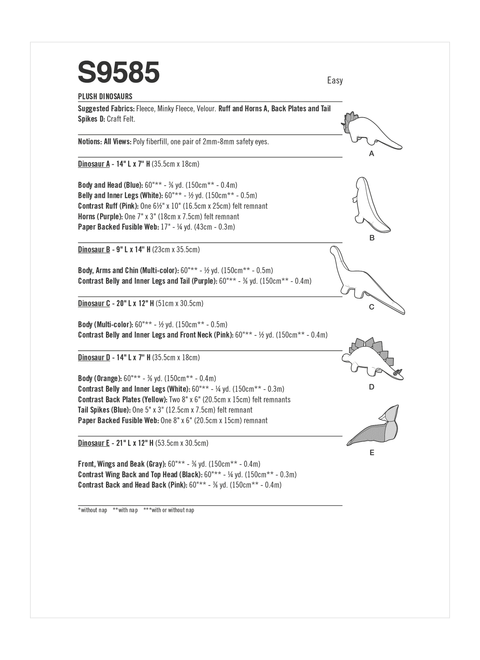 Simplicity S9585 | Plush Dinosaurs by Andrea Schewe | Back of Envelope