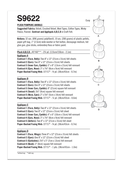 Simplicity S9622 | Plush Pumpkin Animals | Back of Envelope