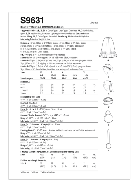 Simplicity S9631 | Misses' Pettiskirt in Sizes XS to XL, Hair Accessories and Purse | Back of Envelope