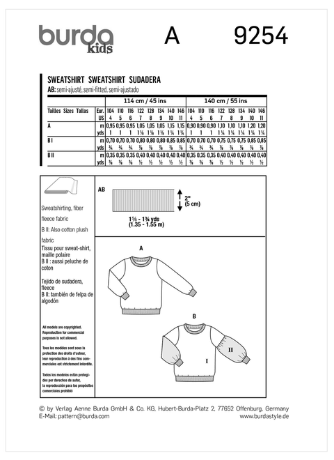 Burda Style BUR9254 | Children's Sweatshirt | Back of Envelope