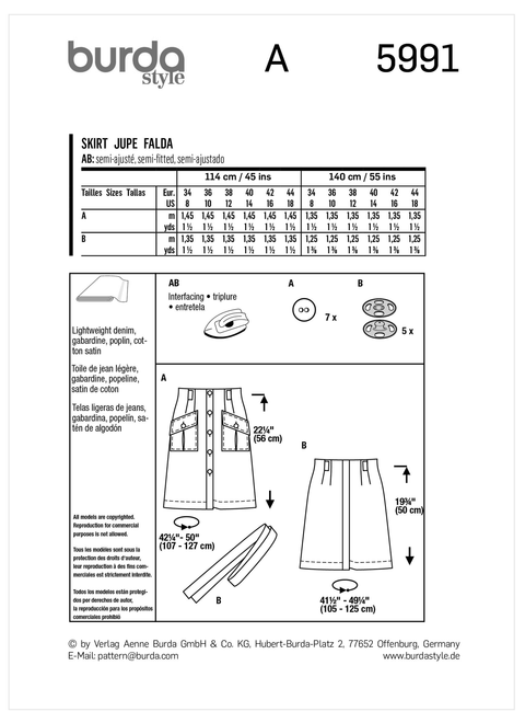 Burda Style BUR5991 | Misses' Front Fastening Flared Skirt | Back of Envelope