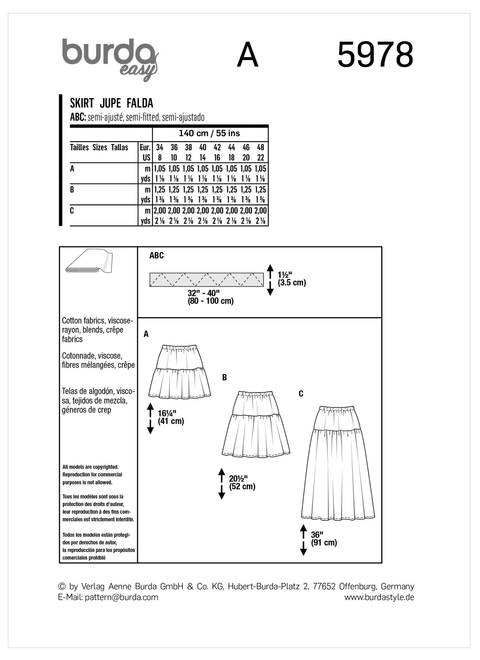 Burda Style BUR5978 | Misses' Tiered Skirt with Elastic Waist | Back of Envelope