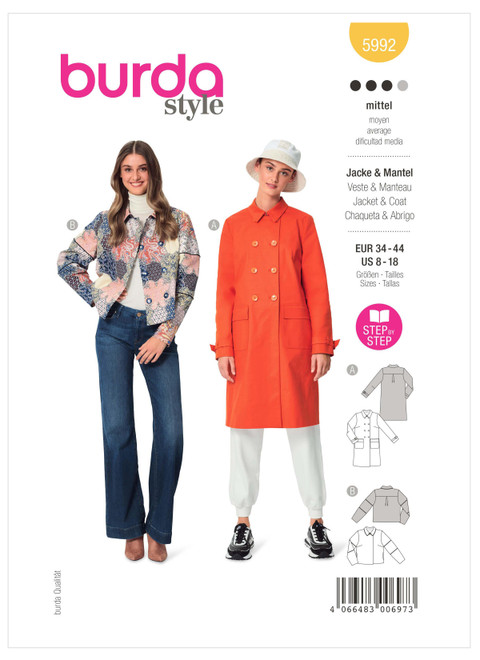 Burda Style BUR5992 | Misses' Double-Breasted Jacket and Coat | Front of Envelope