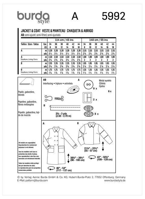 Burda Style BUR5992 | Misses' Double-Breasted Jacket and Coat | Back of Envelope