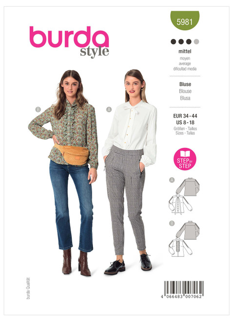 Burda Style BUR5981 | Misses' Long Sleeve Blouse with Tucks on Sleeves | Front of Envelope