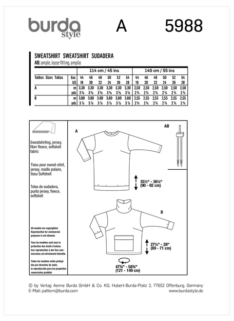 Burda Style BUR5988 | Misses' Sweatshirts with Neckline Band or Roll Neck Collar | Back of Envelope