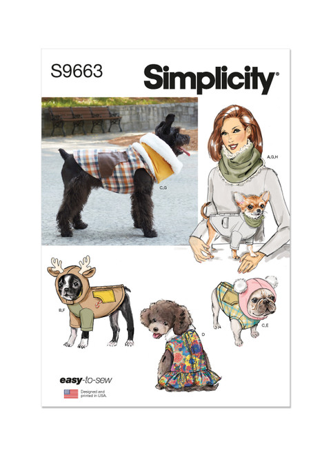 Simplicity S9663 | Pet Coats with Optional Hoods and Cowls in Sizes S-M-L and Adult Cowl | Front of Envelope